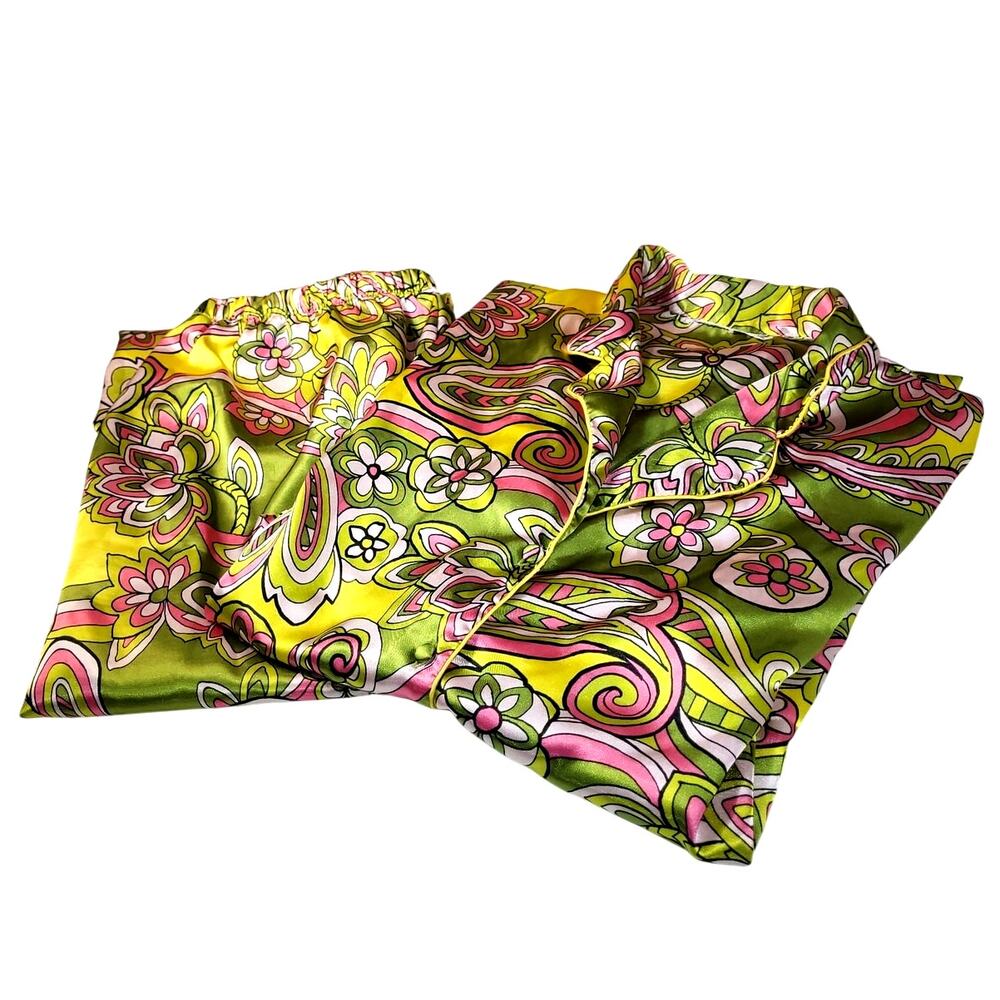 Chanteus Women's Silky Colorful Pajama Set Button Top Elastic Pants Vibrant Sm